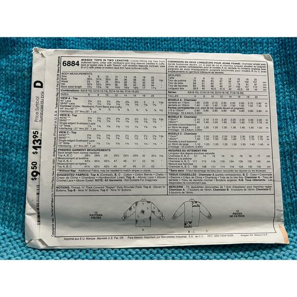 McCalls 6884 Sewing pattern shirt button down lace yoke hem size 14 16 18 - Picture 3 of 8